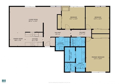 Floor plan for 3 beds, 2 baths, 1250 sqft